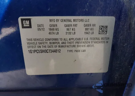 2012 Chevrolet Cruze Ls from USA, damaged, VIN 1G1PC5SH0C7344812